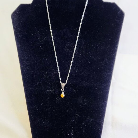 Silver Toned Necklace, 8.5" long, With Orange Crystal/ Artificial Diamond, - Picture 2 of 2